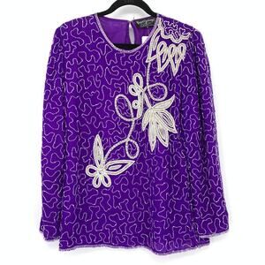 Royal Feelings Blouse Women S Purple Beaded Silk Vintage Top Long Sleeve Evening